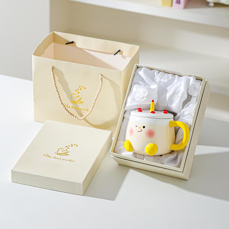 Creative Cartoon Cake Cup Birthday Gift Souvenir Ceramic Cup Cute Good Looking Water Cup with Lid Mug