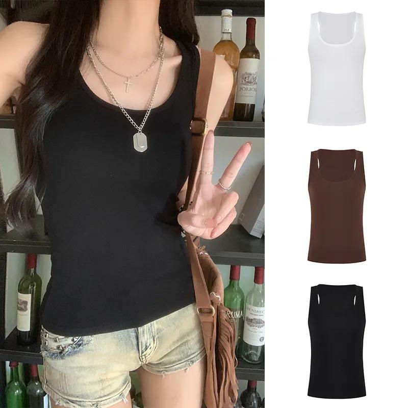 Women Summer Solid U Neck Sleeveless Slim Fit Casual Basic Tank Top S чёрный