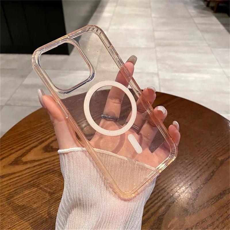 

Роскошный блестящий магнитный чехол для Magsafe с беспроводной зарядкой для iPhone 15 14 Plus 13 12 11 Pro Max, прозрачный жесткий акриловый чехол iPhone 11 золотой