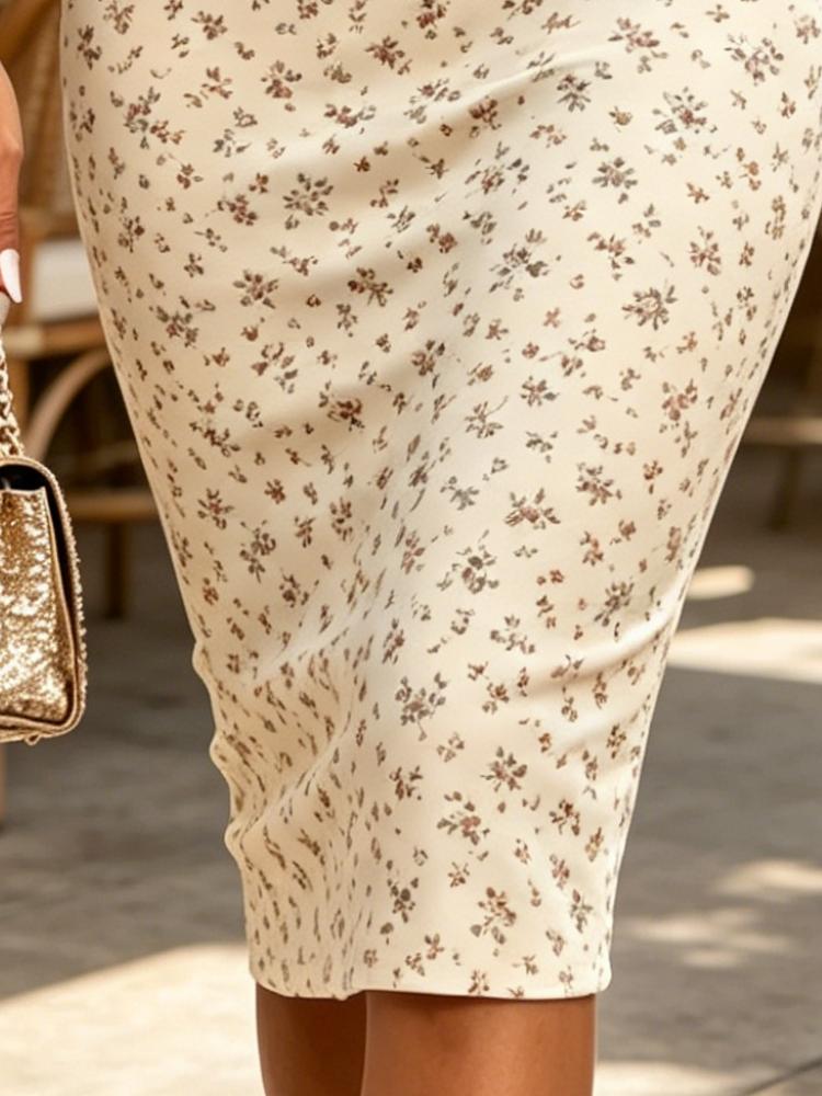 Cream Pink Small Floral Print One Shoulder Spaghetti Strap Bodycon Midi Dress Beach Vacation Party Dress