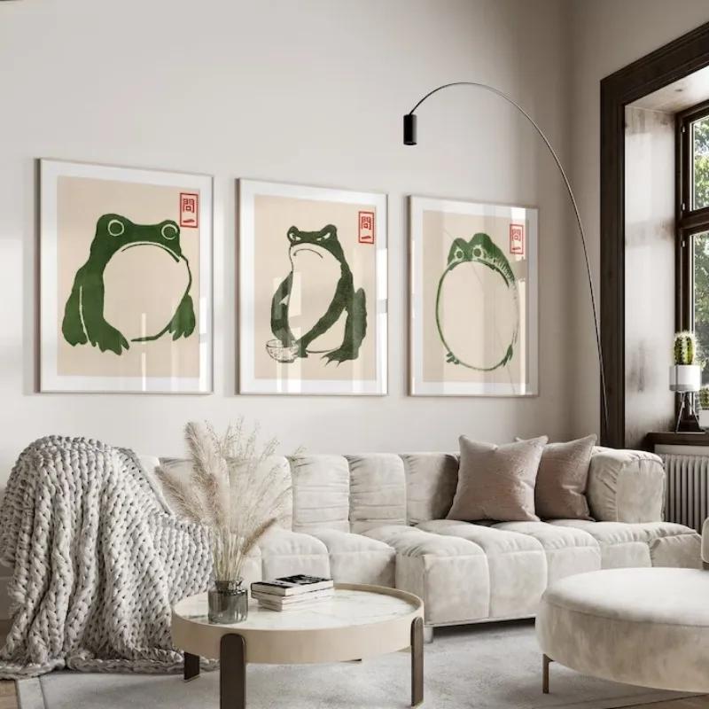Japan Hajime Matsumoto Green Frog Wall Art Retro Trendy Ukiyo-e Frog Woodblock Print Poster Gallery Living Room Canvas Painting