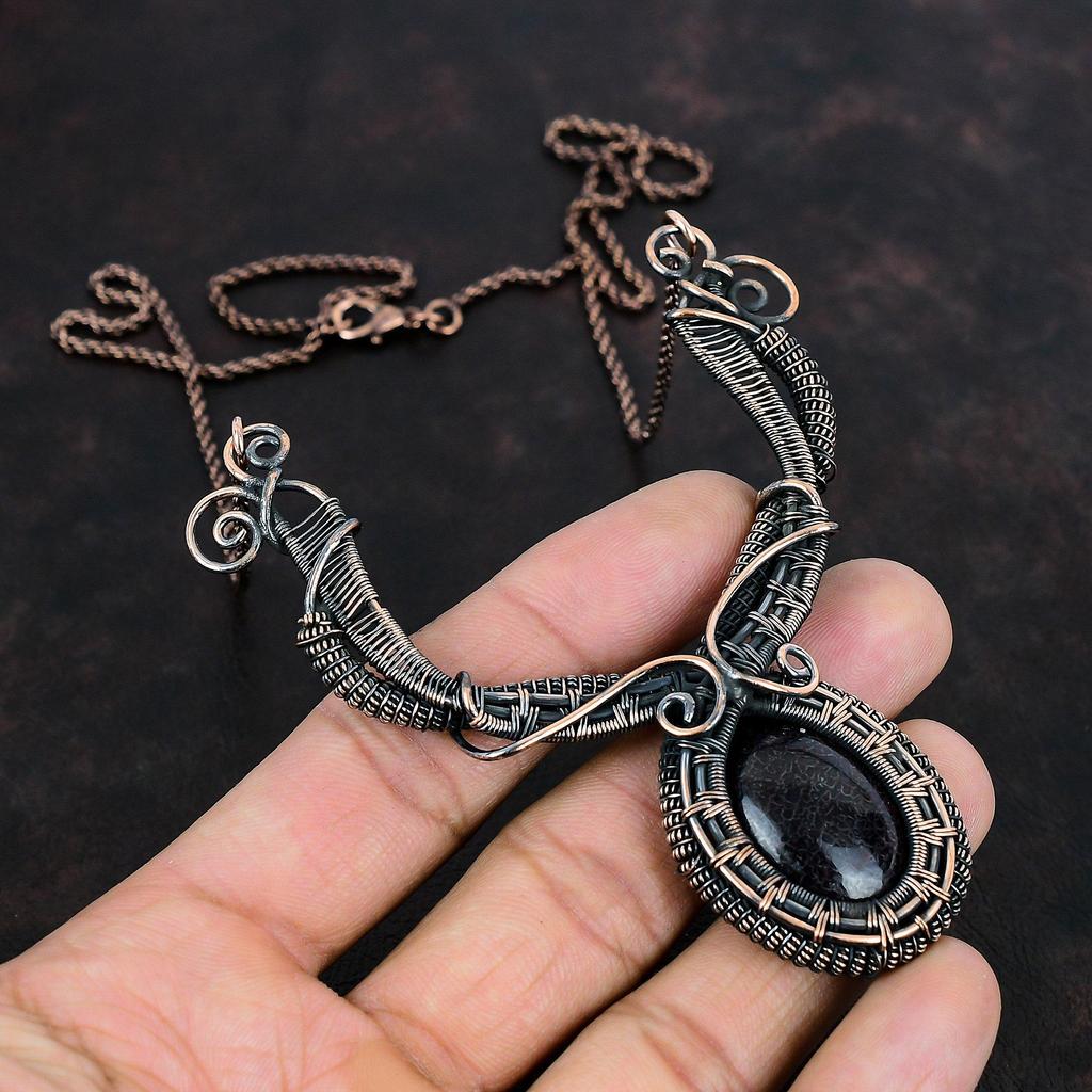 Dinosaur Bone Necklace Copper Wire Wrapped Necklace Gemstone Copper Jewelry Elegant Necklace Handmade Necklace Wire Wrap Jewelry For Gifts