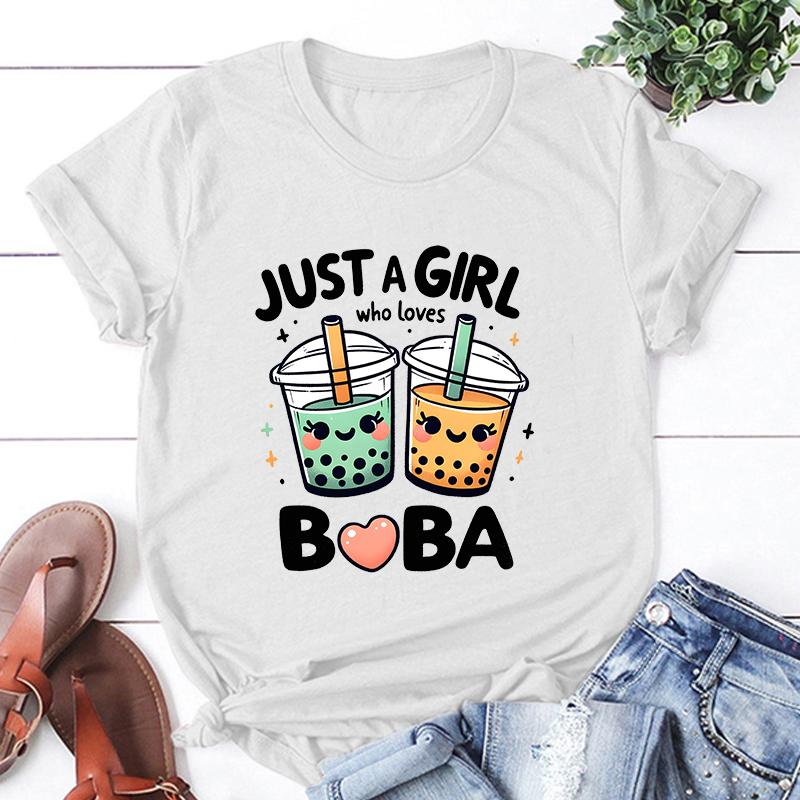 

Футболки с надписью Just A Girl Who Loves Boba Letter Printed, женские повседневные летние топы с коротким рукавом XXXL белый