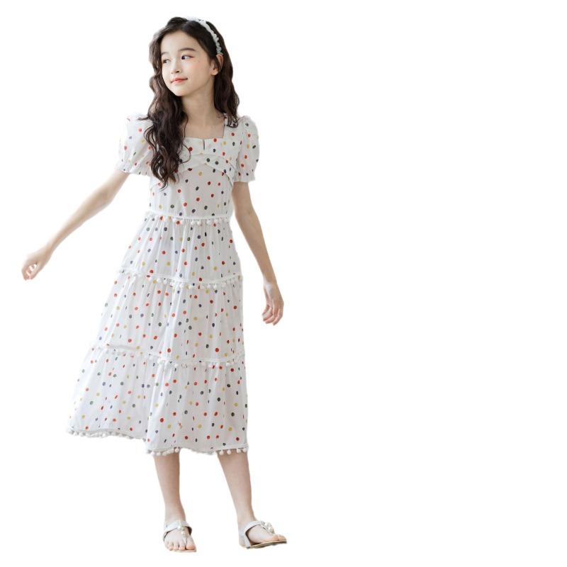 Kids Big Girls Korean Style Polka Dot Short Sleeve Fringe Hem Long Princess Dress