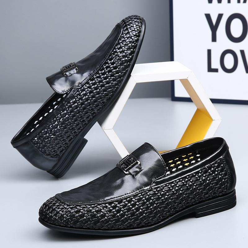 Light Luxury Men's Shoes 2025 Summer New Hand-woven Hollow Breathable Casual Leather Shoes Men's One-pedal Loafers