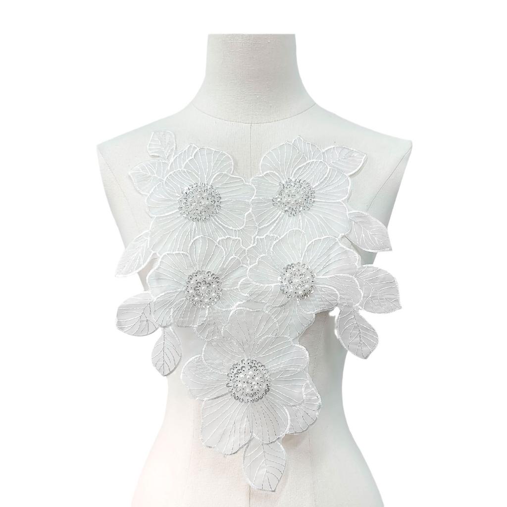 Apparel Accessories White Embroidery Beaded Pearl Flower Piece Collar Cloth Sticker Decal Decoration