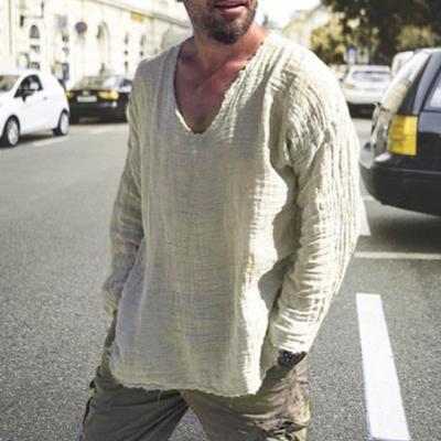 Pánské košile s výstřihem do V s dlouhým rukávem Ležérní košile topy Burr Edge Skládaný Jednobarevný Volný střih Tenký pulovr Topy Streetwear