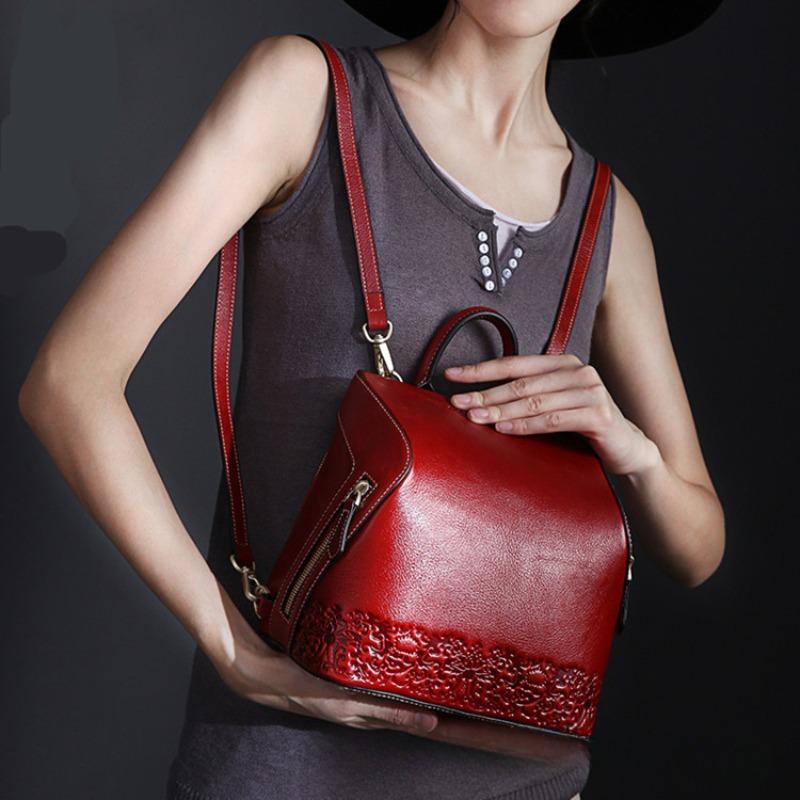 Women's Bag Genuine Leather Women's Bag Vintage Chinese Style Backpack Embossed
