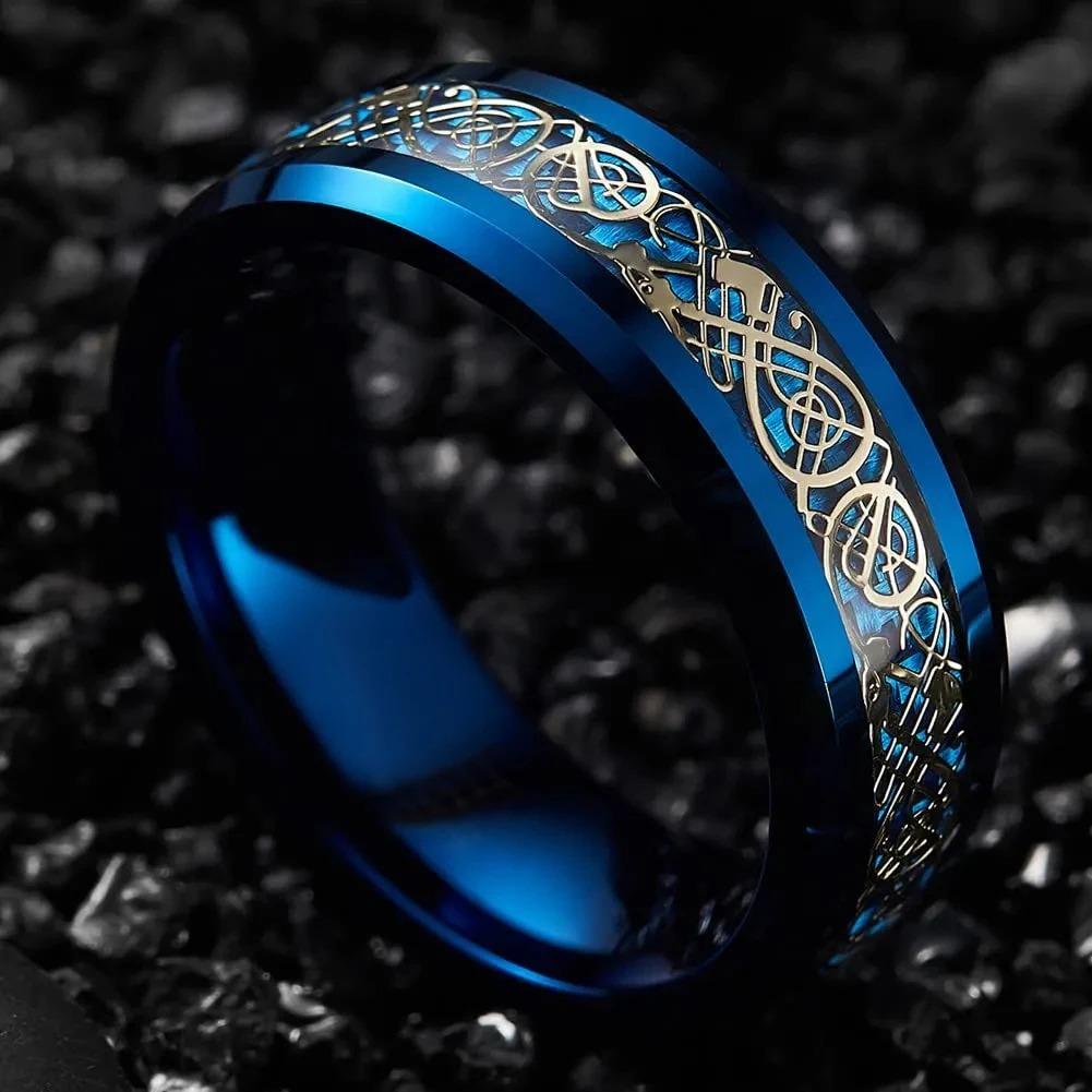 Fashion 8mm Men Stainless Steel Celtic Dragon Rings Inlay Blue Carbon Fiber Rings For Men Women Wedding Band Jewelry