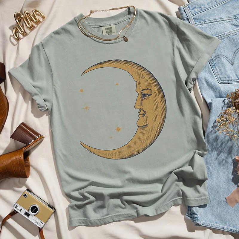 Women Retro Loose Short Sleeve Top Boho Moon Print Shirt Comfort 100 Cotton Crewneck Tshirt Casual Daily Fashion Streetwear