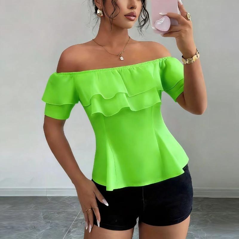 Summer New Style Fashionable One-shoulder Ruffled Chiffon Top with Frills - A Sexy Short-sleeved Top with Exposed Shoulders