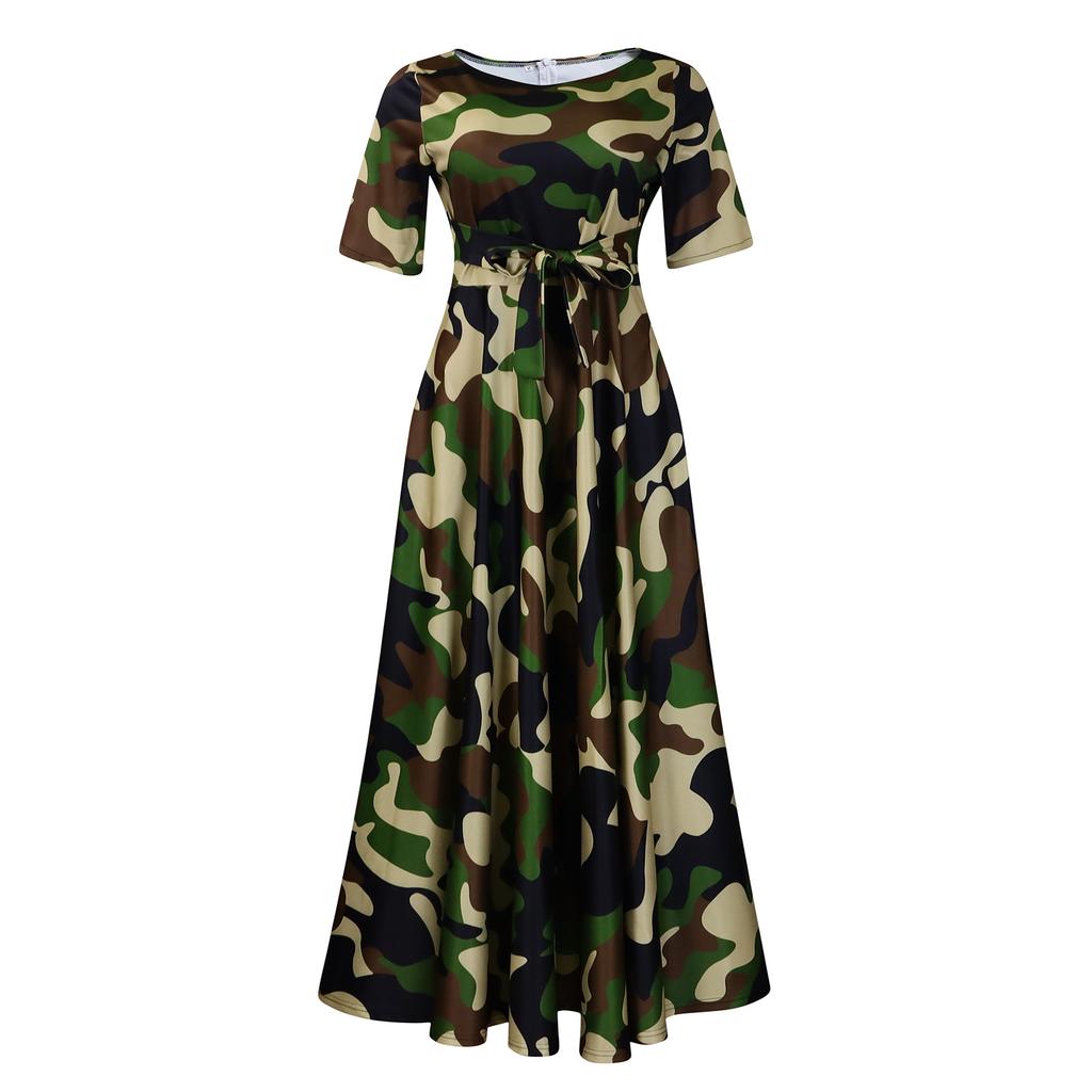 Women Fashion Plus Size Short Sleeve Lace Up Mid Length A Line Dress