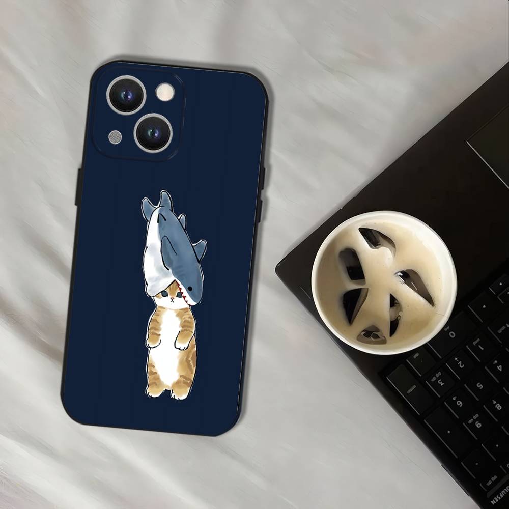 Cute Cartoon Blue Shark Phone Case For iPhone 17,16,15,14,13,12,11,Pro,XS,Max,XR,Plus,E,SE4,Mini Black Soft Cover