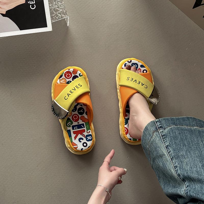 Cartoon casual thick bottom heightening cool slippers women's summer fashion versatile cross with graffiti beach flat bottom cool slippers