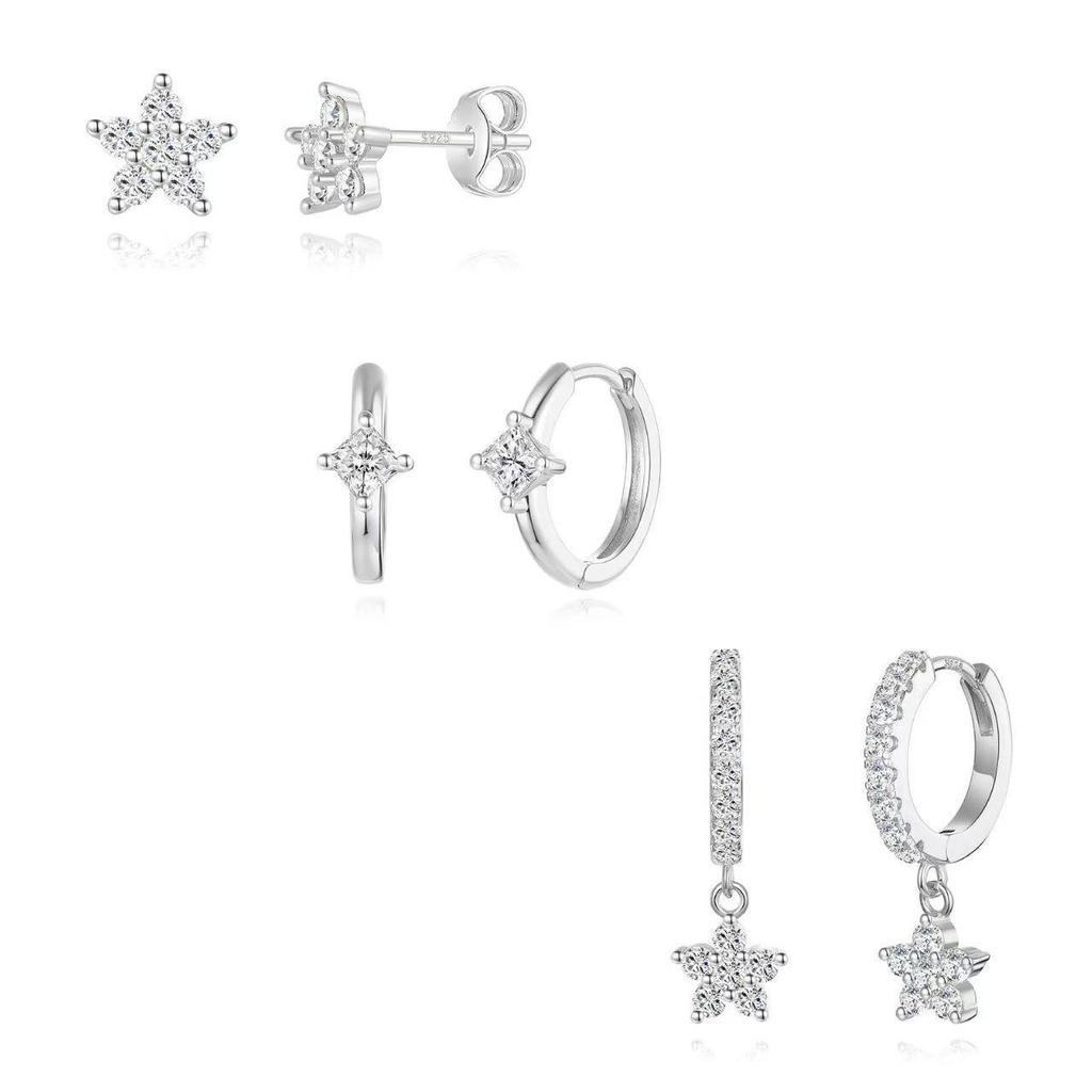 Star and Moon Tassel Earrings Set with Zircon Accents - European & American Style