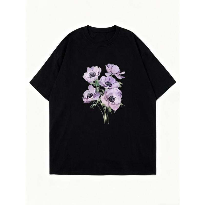 Oversized T Shirt Black Purple Flowers Print Casual Wear For Women Summer Outfit Street Style Fashion Top