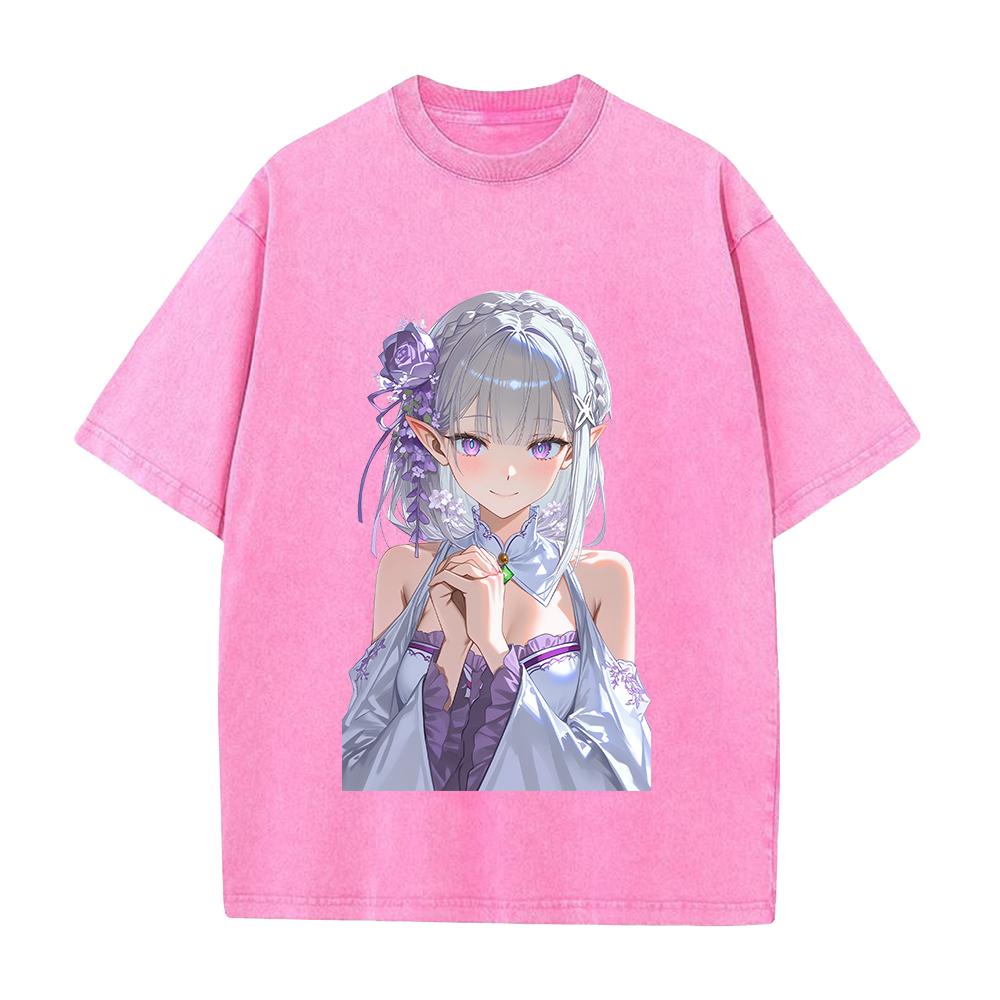 Re ZERO Starting Life In Another World Emilia Printed Tee Men Women Washed Cotton T-shirts Retro T Shirt Harajuku Unisex Tshirt