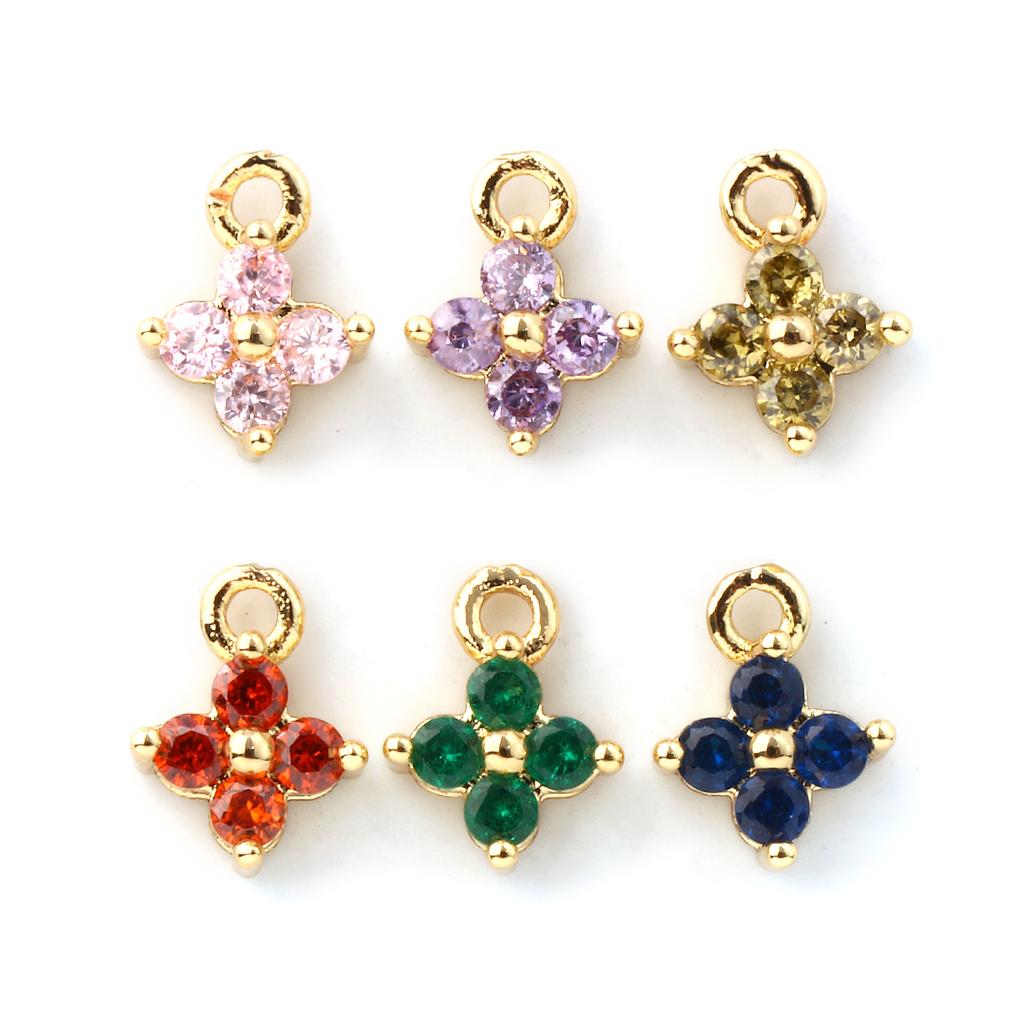 5 Piece Brass & Cubic Zirconia Mini Charms 18K Gold Plated Flower Micro Pave Pendants For DIY Necklace Jewelry Making 8mm x 6mm