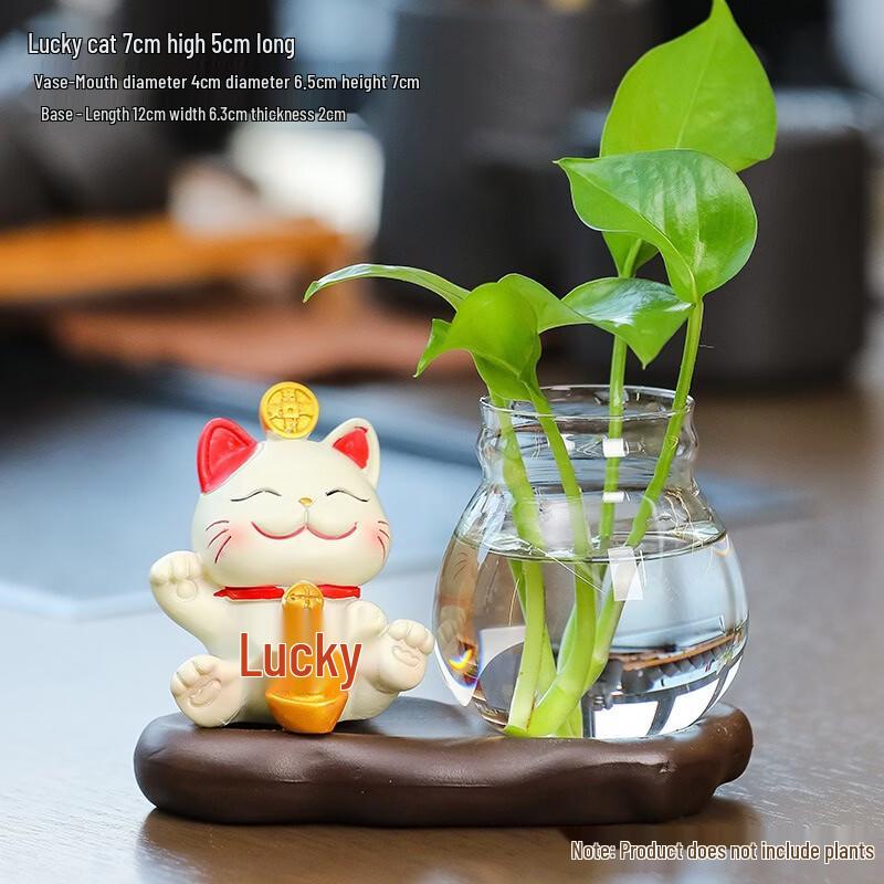 Lucky Cat Decorative Glass Vase with Ceramic Base