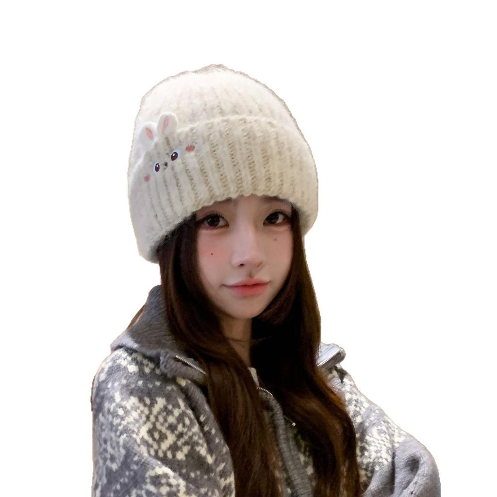Winter Female Warm Cute Rabbit Knitted Hat Casual Versatile Thickened Warm Ear Protection Simple Wool Hat