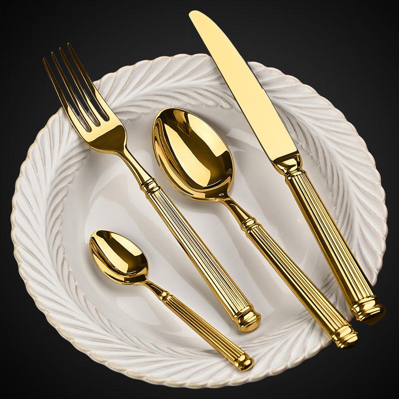 Zlaté nerezové příbory, dárkové sady pro hosty, stolní nádobí s římskou rukojetí, nože, vidličky, lžíce, špachtle na dorty, kuchyňské potřeby do restaurace