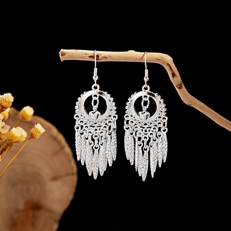 Ethnic Miao Silver Leaf Tassel Earrings