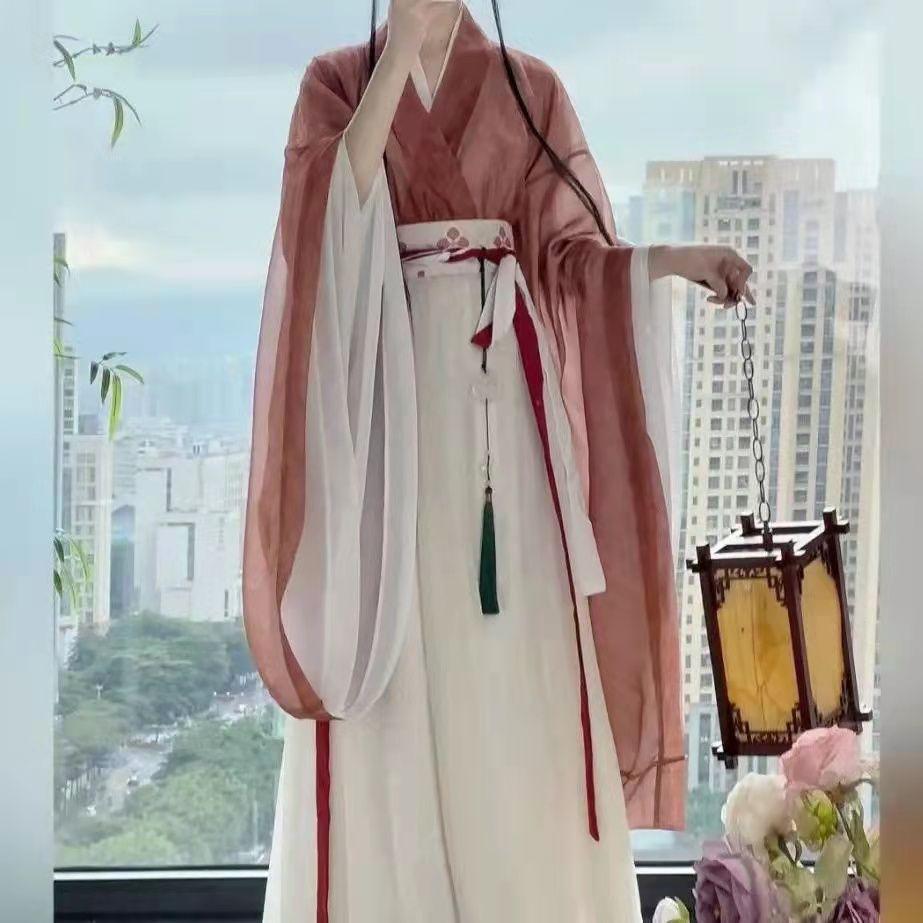 

Ханьфу в китайском стиле династий Вэй и Цзинь с большими рукавами, топом с перекрестным воротником и цельной юбкой L