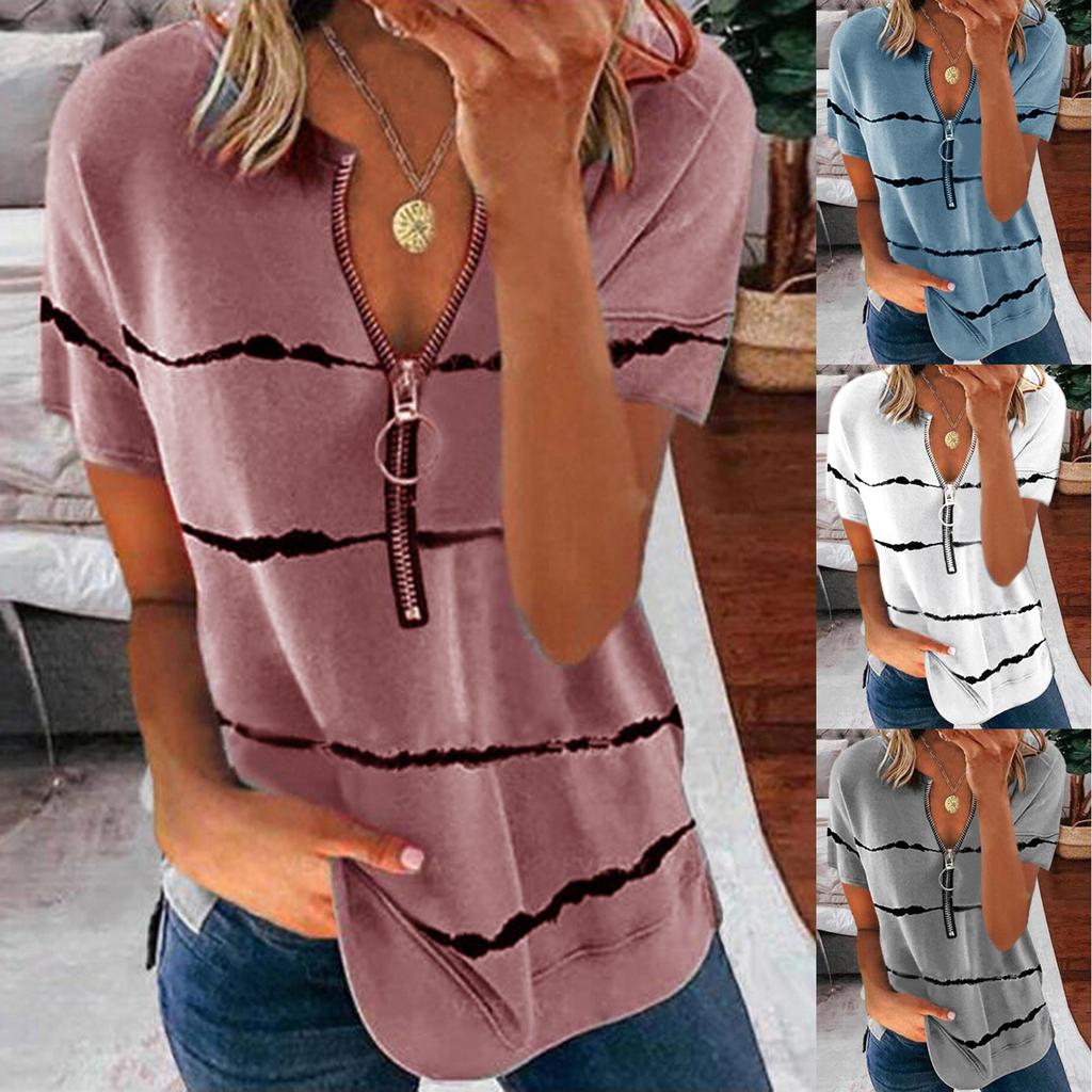 Women's Fashion Casual Striped Zipper Round Neck Loose Short-Sleeved Tops