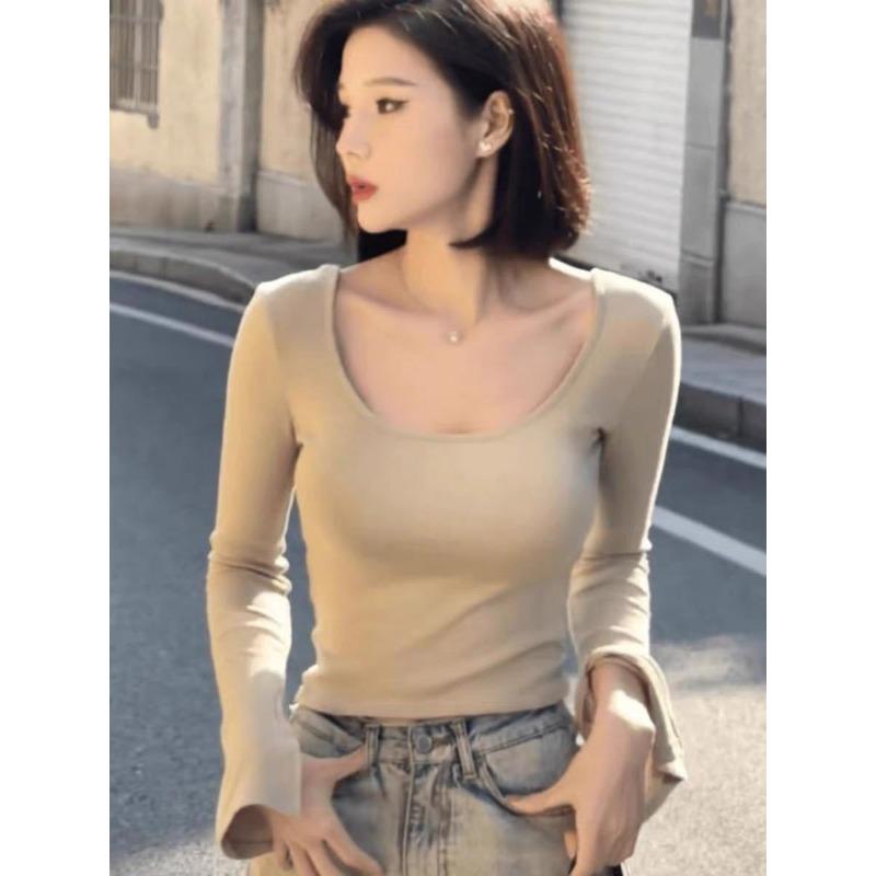 

Новая осенне-зимняя футболка Pure Wind с U-образным вырезом и длинными рукавами для женщин с узким роговым рукавом снизу One size