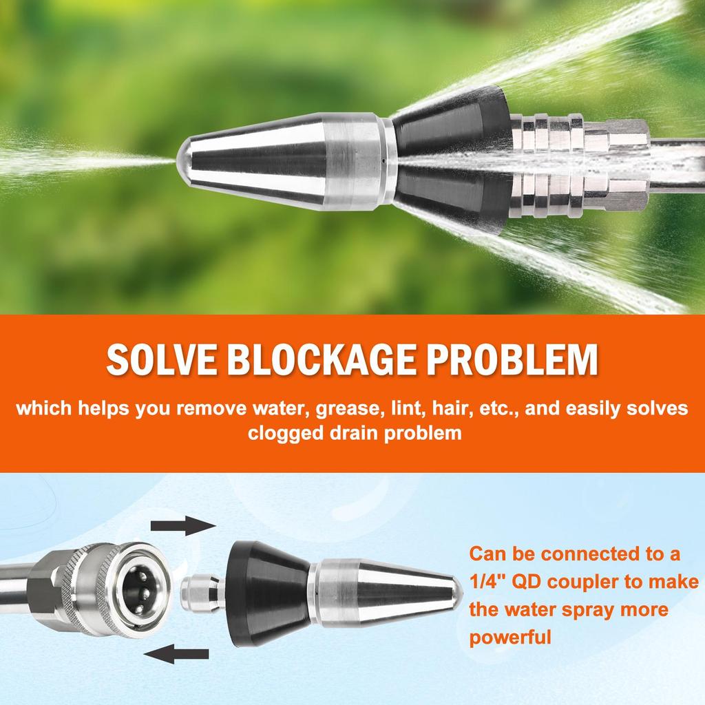 Pressure Washer Stainless Steel Sewer Jetter Nozzle, Durable Design Sewer Jet Nozzle,  with 1/4'' Quick Connector, 5000 PSI, Orifice 4.5 4.5GPM