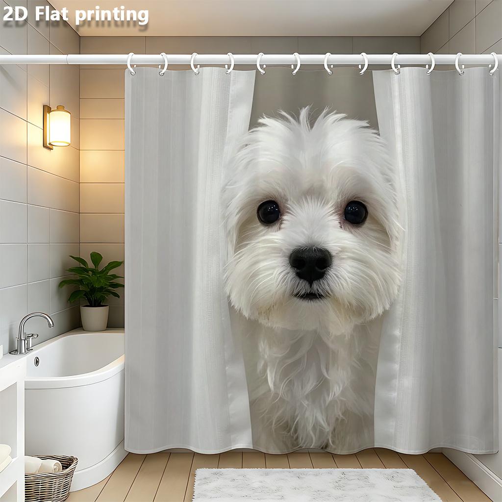 

White Dog Peeking Shower Curtain 1Pc Polyester 2D Flat Print 70.8X70.8 Realistic Canine Face Grommet Top W60H190(CM)-1 Pcs