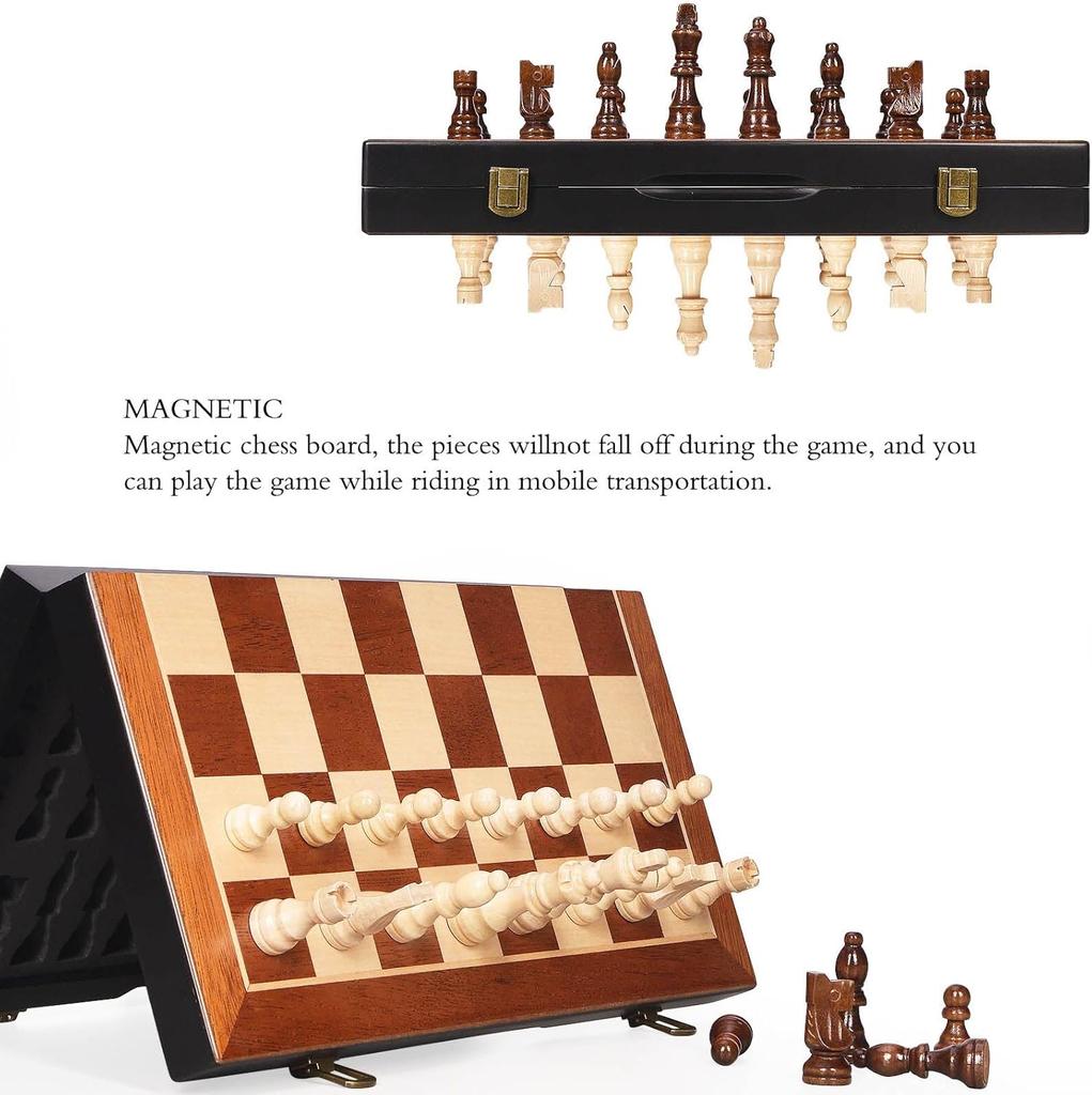 Magnetic Wooden Chess Set 15' with Storage, Portable Folding Travel Chess for Kids & Adults, 2 Extra Queens