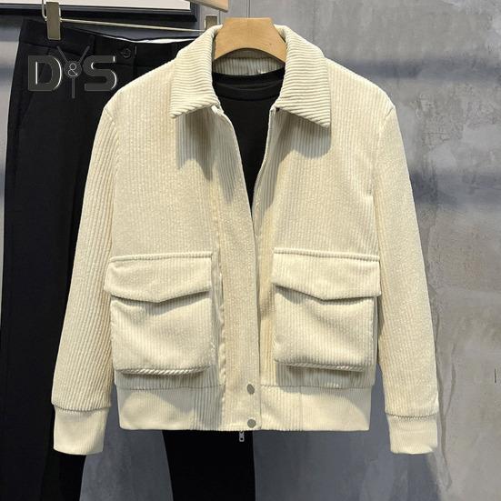 Men Corduroy Jacket Lapel Long Sleeve Flap Pockets Full Zipper Closure Solid Color Jacket Casual Outerwear