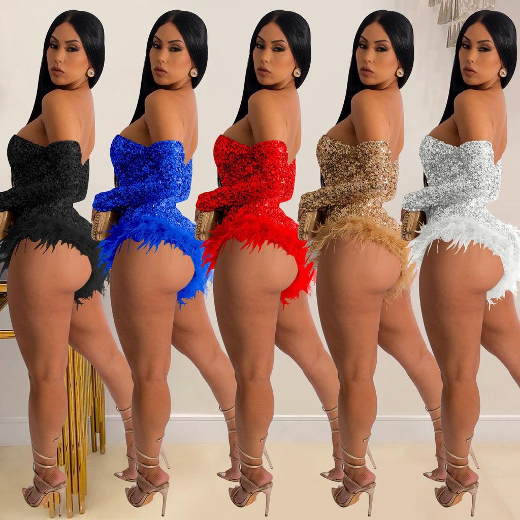 Sequined Long Sleeve Solid Color Jumpsuit with Shorts - Women's Fashion Europe America