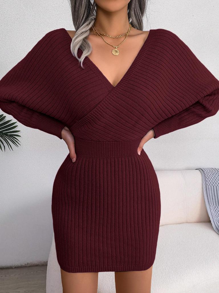 2025 Autumn/Winter European & American Sexy Cross V-Neck Batwing Bodycon Sweater Dress