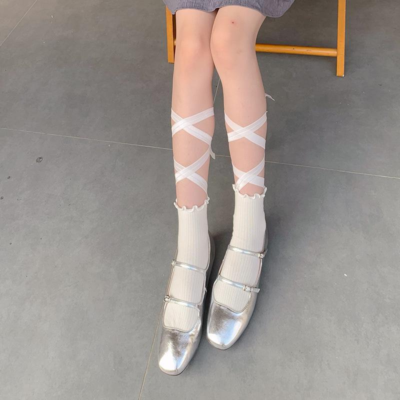 Balletcore Lace-Up Socks with Ruffled Cuff, Sweet Lolita Ribbed Crew Socks for Women, Y2K Aesthetic Leg Warmers Accessories