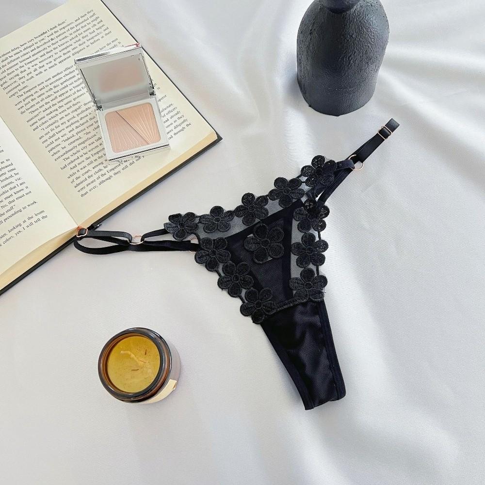 Low Waist Underwear for Women Mesh Hollow Thin Belt Thong Embroidery Floral Panties  Hotel