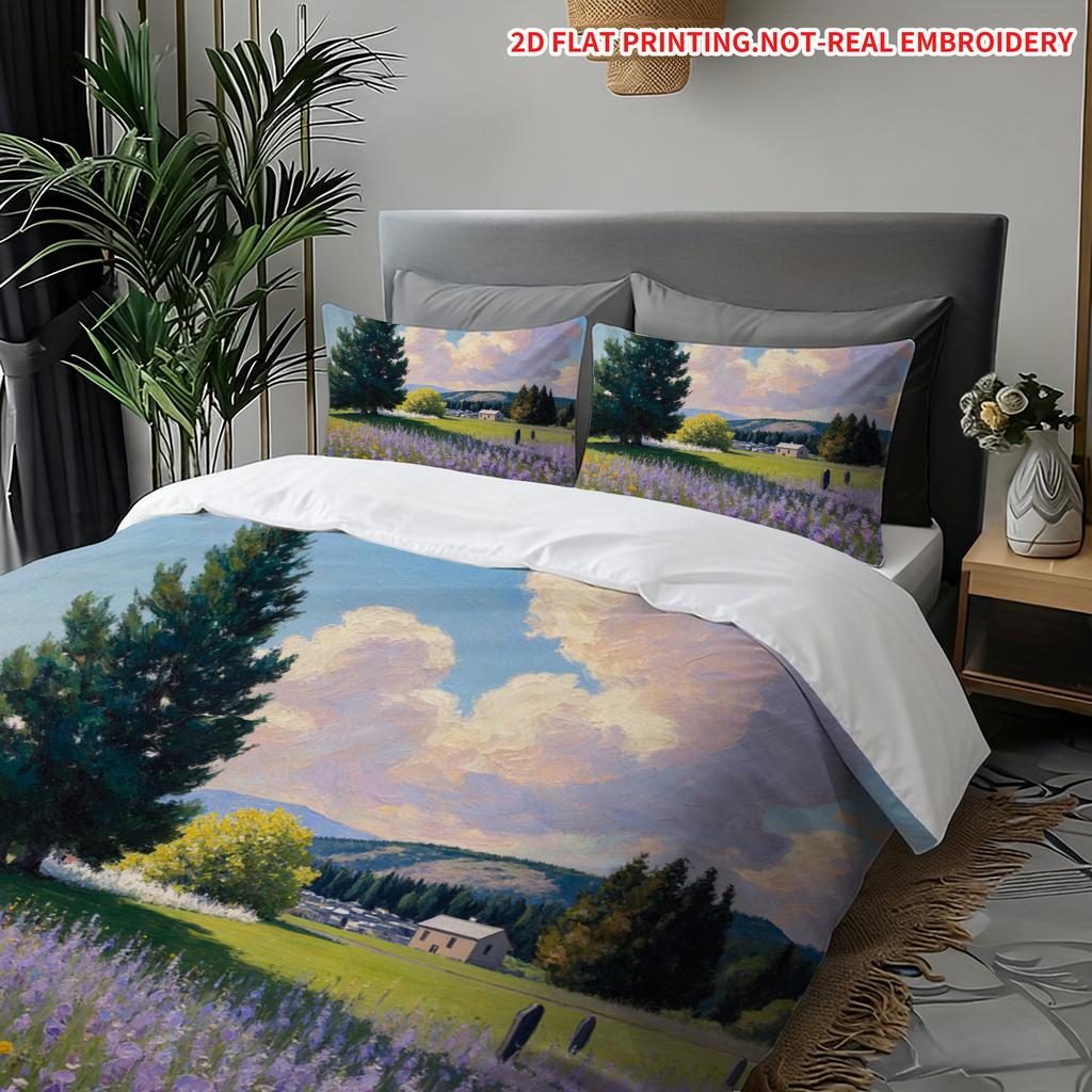 Pillowcase And Quilt Cover Three-Piece Set,Oil Painting Style Pastoral Flower Sea Pattern,Breathable And Machine Washable
