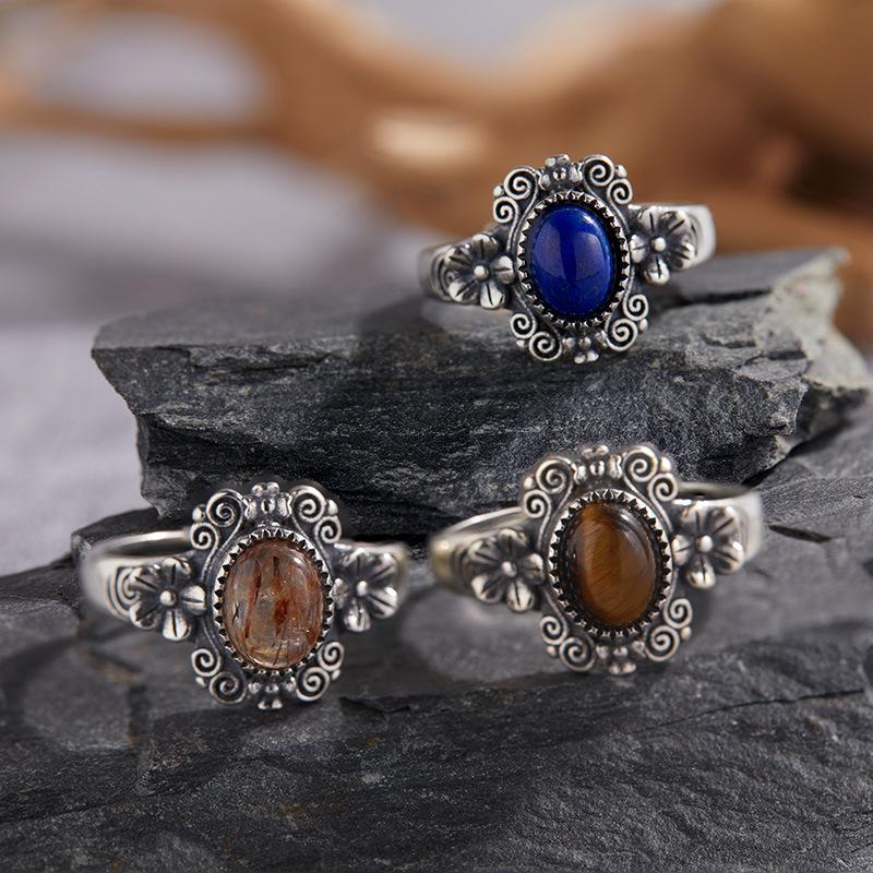 S925 Sterling Silver Inlaid With Natural Tiger Eye Black Gold Label Blue Gold Color Baotai Silver Ring Women'S Retro Personalized Open Ring