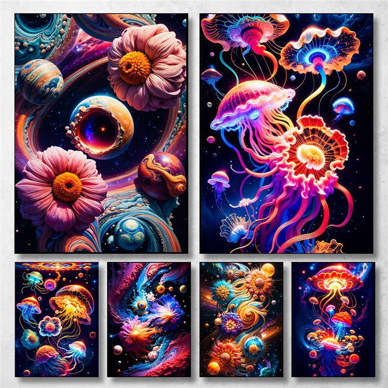 Colorful Abstract Space Composition Posters Planets Srtars Jellyfish Flowers Prints Canvas Wall Pictures Home Living Room Decor