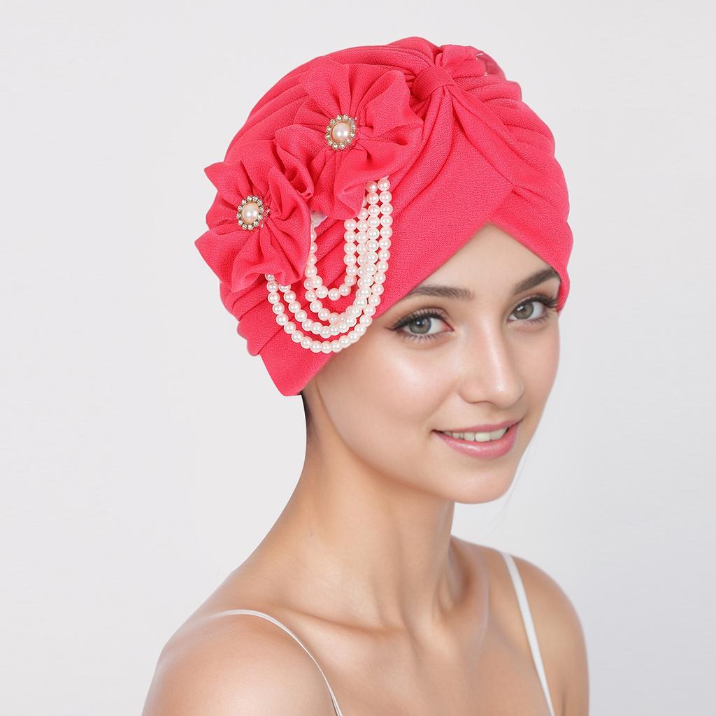 Pearls Beading Turban Cap for Women Flower Design Female Head Wraps Muslim Headscarf Bonnet Hairloss Hat Cover
