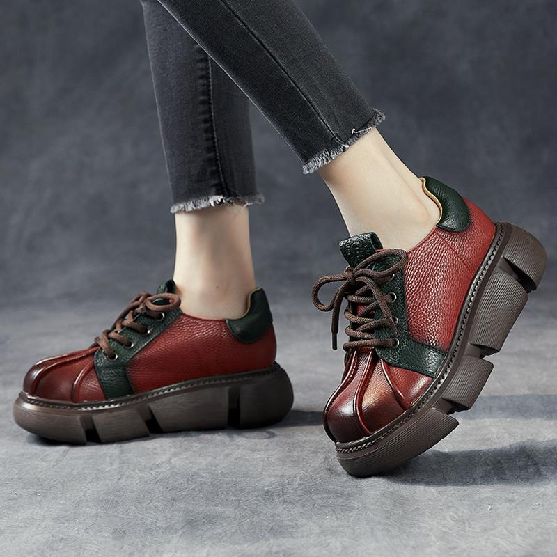 

Женские ботинки из натуральной кожи, обувь в стиле ретро, ​​новинка 2024 года, осень-зима, лаконичные ботинки на платформе с круглым носком и двойной молнией ручной работы 39 красный