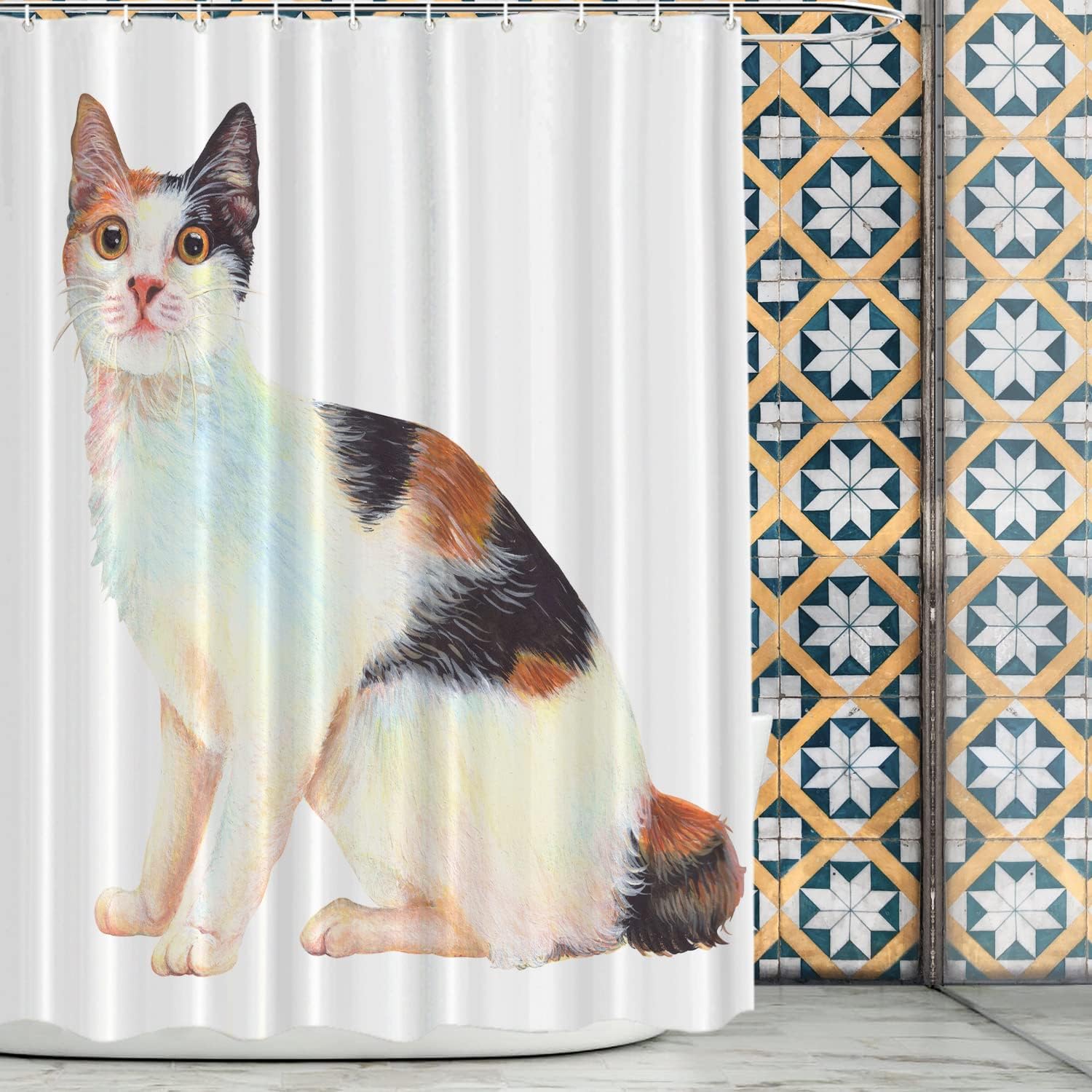 

Beige White Animal Cat Decor Shower Curtain, Polyester Shower Curtain For Shower Stall Bathroom Waterproof With 10 Hooks W60H190(CM)-1 Pcs