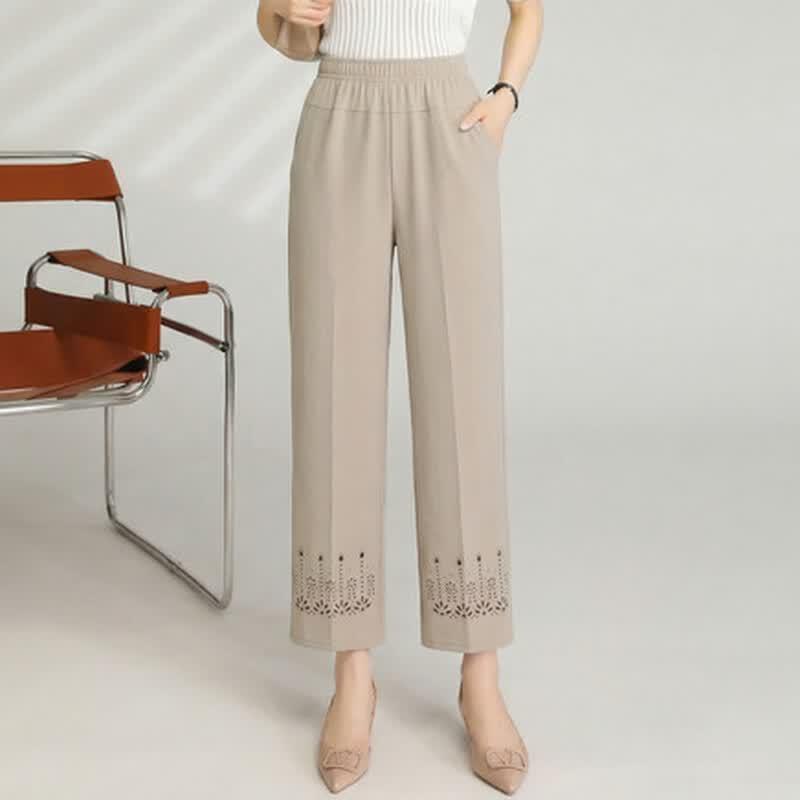 LangSha Mid-Aged Women's Solid Straight Leg Cropped Pants