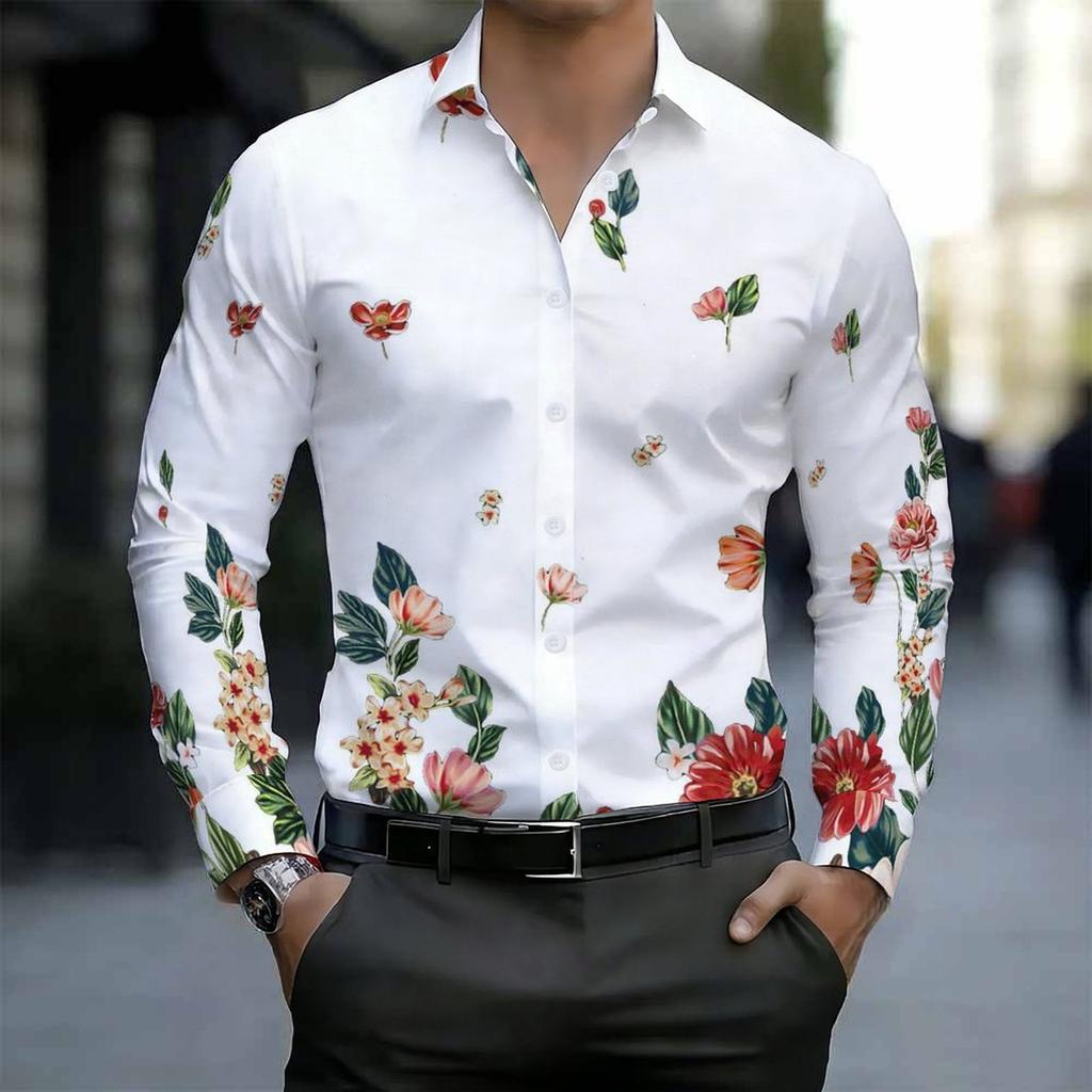 Men Collared Shirt Gray Pink Floral Branch Print Long Sleeve Button Down Top