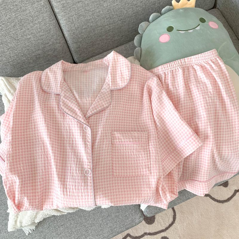 Two-Piece Cloud Cotton Short-Sleeved Shorts Pajamas Sweet Wind Pink Plaid Loungewear