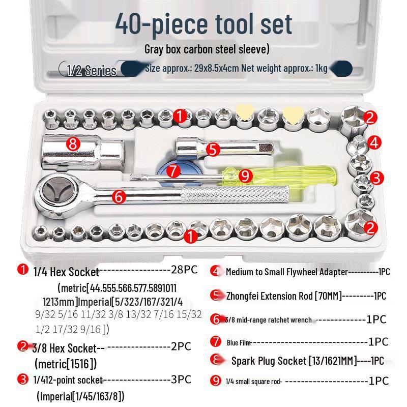 

Набір із 40 предметів: трещітка та шестигранні головки для ремонту автомобіля/мотоцикла