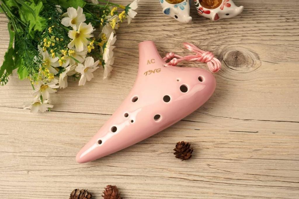 TNG Ocarina Single [12 Holes / Alto / Pink] High-Quality C Key AC (Fingering Chart Included) Wind Instrument, Glazed Finish