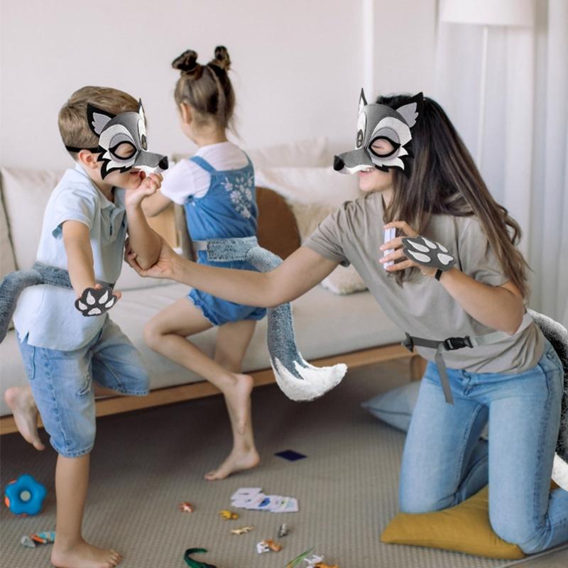 Set Costume Lupo Maschera Facciale Lupo Coda Lupo Guanti per Bambino Adulto Mascherata Compleanno Natale Halloween Costume Animale