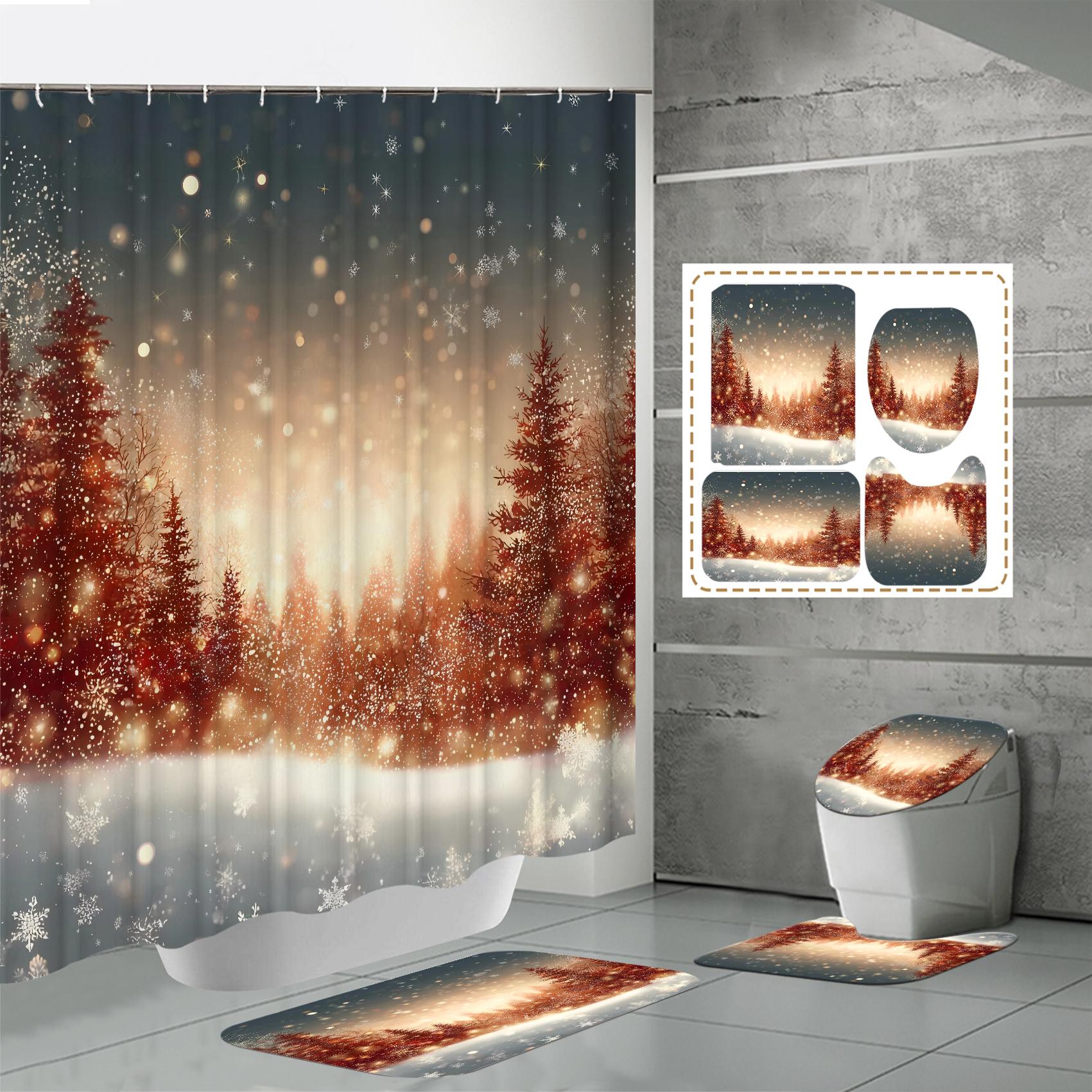 

4 ШТ. Наборы штор для душа со шторкой для душа и ковриками, коврик для крышки унитаза, U-образный коврик и коврик для ванной, набор для ванной комнаты с 12 крючками One Size